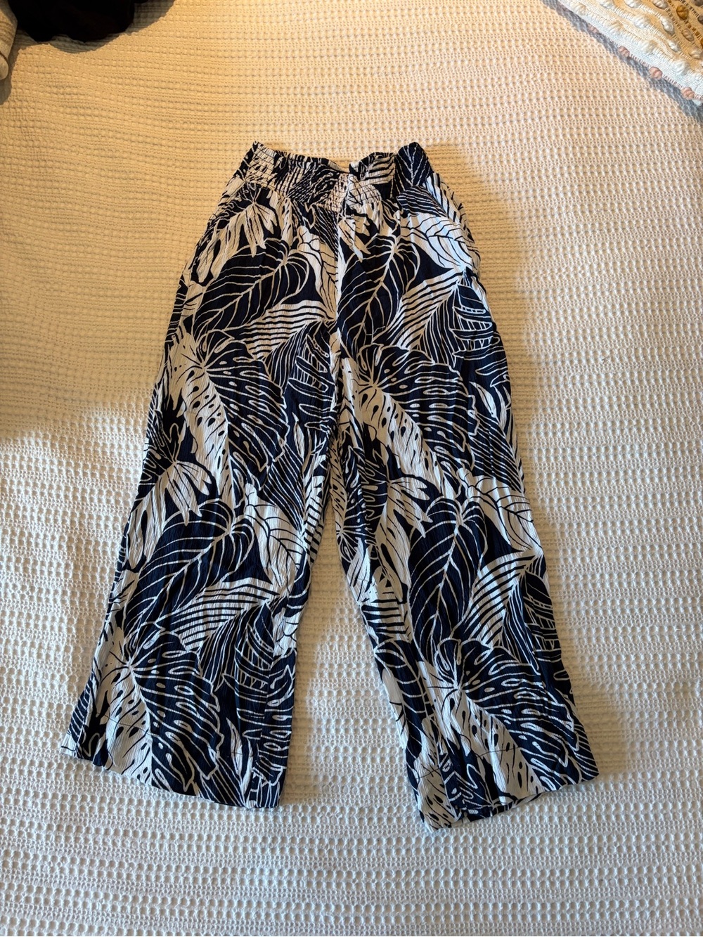 Wide Leg Palm Print Lounge Pants - Navy & White